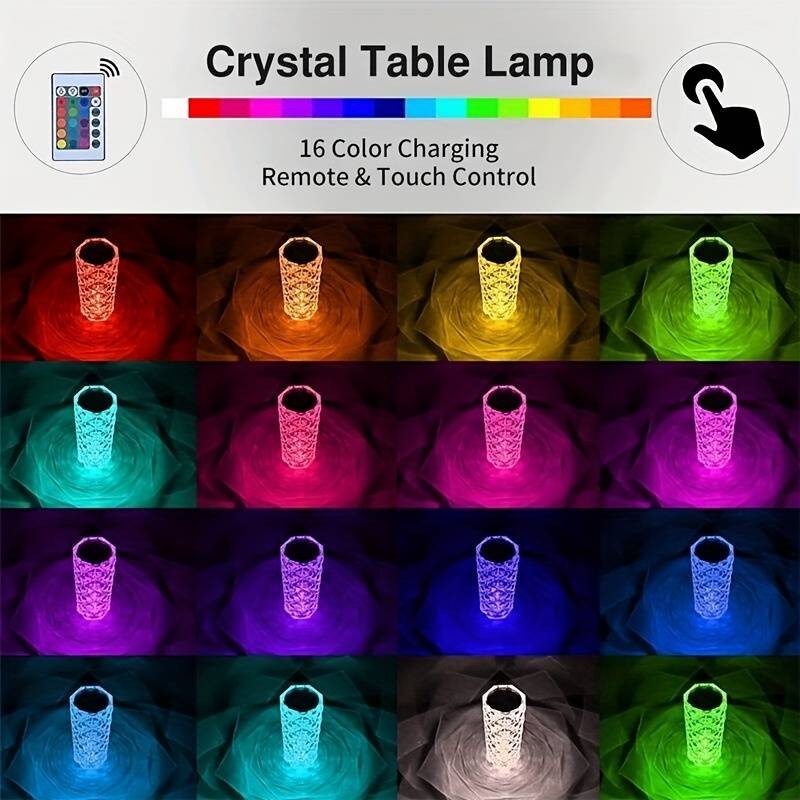 Lámpara de mesa de cristal, lámpara de noche LED, jarrón, 16 colores, táctil + control remoto